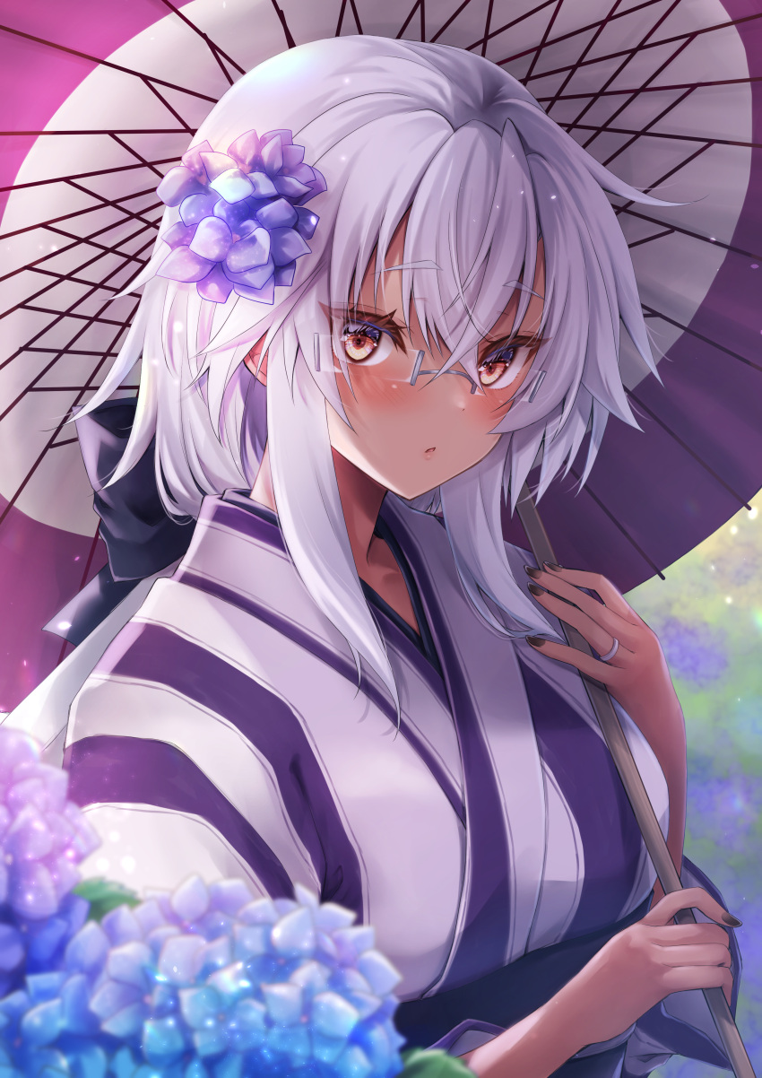 1girl absurdres alternate_costume dark-skinned_female dark_skin hair_between_eyes highres kantai_collection long_hair looking_at_viewer mashiro_yukiya musashi_(kancolle) musashi_kai_ni_(kancolle) oil-paper_umbrella semi-rimless_eyewear solo umbrella