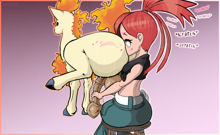 anal animal_genitalia animal_penis balls bestiality big_balls big_penis black_eyelashes black_hooves butt butt_sniffing clothed clothing duo equine_genitalia equine_penis eyelashes fansfw female feral fire flaming_hair flaming_mane flaming_tail flannery_(pokemon) fur furniture generation_1_pokemon genitals gym_leader hair handjob hi_res hooves human interspecies male male/female mammal nintendo onomatopoeia oral penile penis pokemon pokemon_(species) pokephilia ponyta ponytail pseudo_hair pseudo_mane quadruped red_eyes red_hair rimming sex sitting sniffing sound_effects stool tail text tied_hair vein veiny_penis yellow_body yellow_fur