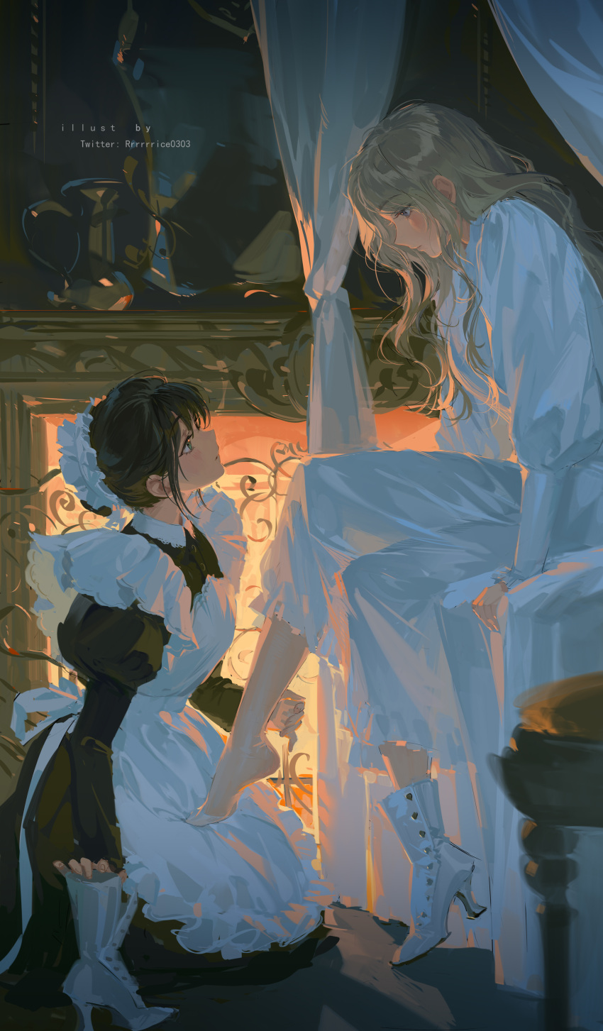 2girls absurdres apron artist_name barefoot black_hair blonde_hair blue_eyes blush closed_mouth curtains dress eye_contact feet fireplace from_side highres indoors long_hair long_sleeves looking_at_another maid maid_apron maid_headdress multiple_girls night original rrr_(reason) shoes single_shoe sitting twitter_username weibo_logo weibo_username white_footwear yuri