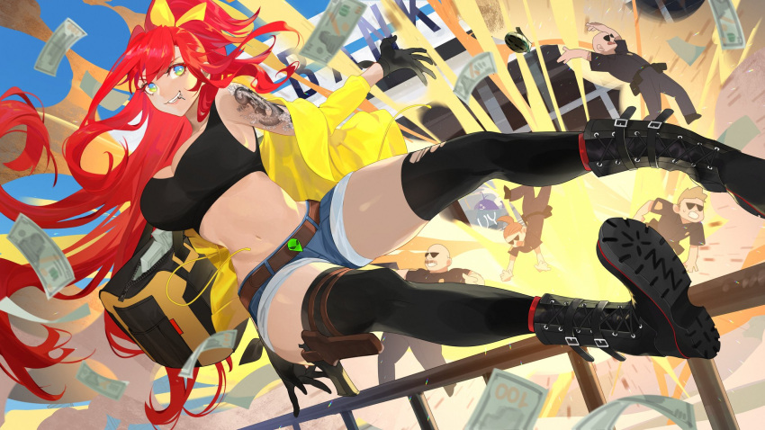 2girls 3boys arm_tattoo bag belt boots breasts commentary commission denim denim_shorts elly_(vtuber) english_commentary explosion explosive gloves green_eyes grenade highres indie_virtual_youtuber large_breasts long_hair midriff money multiple_boys multiple_girls navel police police_uniform ponytail red_hair shorts skeb_commission sports_bra tattoo teeth thighhighs uniform uyuyuun very_long_hair virtual_youtuber