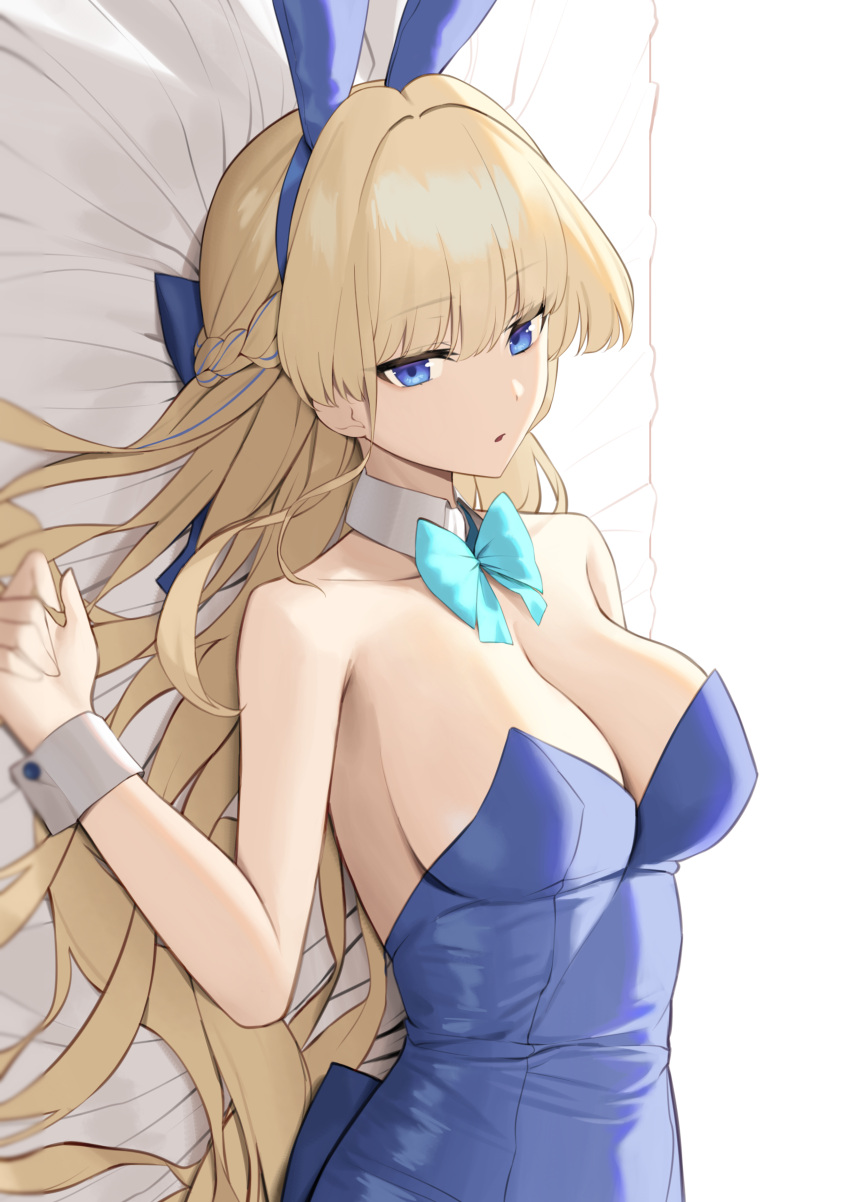 1girl absurdres animal_ears aqua_bow aqua_bowtie bare_arms bare_shoulders blonde_hair blue_archive blue_eyes blue_hairband blue_leotard bow bowtie braid breasts cleavage collarbone detached_collar fake_animal_ears hairband highres large_breasts leotard long_hair looking_at_viewer lordol lying on_back parted_lips rabbit_ears solo toki_(blue_archive) toki_(bunny)_(blue_archive) wrist_cuffs