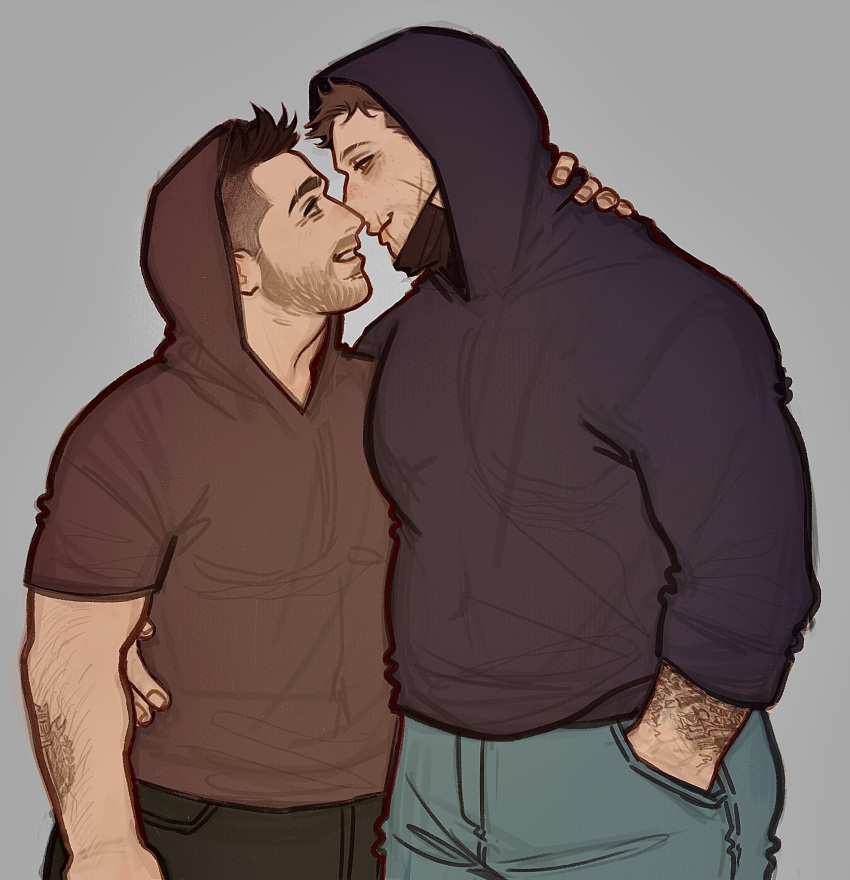 2boys arm_hair artist_request bara beard call_of_duty:_modern_warfare_2 couple cross_scar denim eye_contact facial_hair feet_out_of_frame from_side ghost_(modern_warfare_2) hand_on_another's_waist height_difference highres hood hood_up jeans large_pectorals looking_at_another male_focus mask mature_male multiple_boys muscular muscular_male mustache no_mask pants pectorals scar short_hair skull_mask smile soap_(modern_warfare_2) undercut yaoi