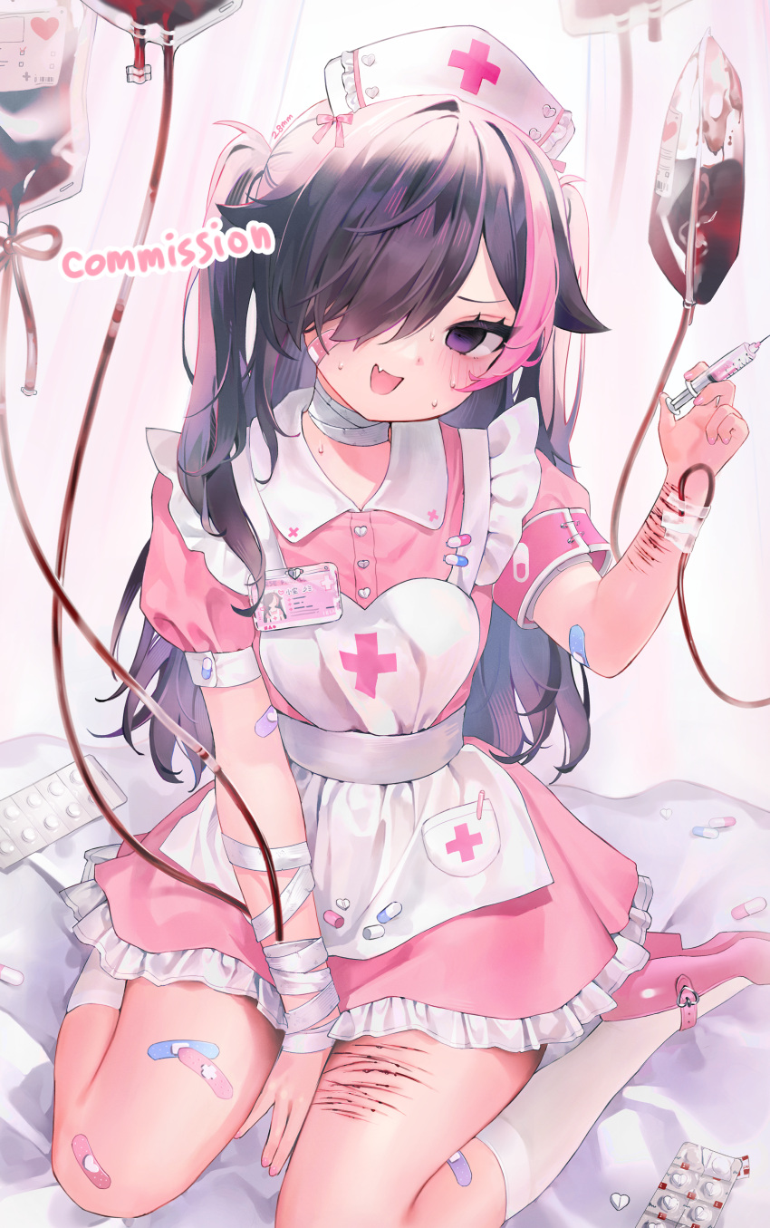 1girl 28mm absurdres apron arm_between_legs armband bandaged_neck bandages bandaid bandaid_on_arm bandaid_on_cheek bandaid_on_face bandaid_on_leg black_hair blood blood_bag blush commission cuts dress empty_eyes fang frilled_apron frilled_dress frills hair_flaps hair_over_one_eye hat high_heels highres holding holding_syringe id_card injury intravenous_drip long_hair multicolored_hair nurse nurse_cap open_mouth original pill pink_hair purple_eyes safety_pin self_harm sitting socks solo sweat syringe two-tone_hair two_side_up very_long_hair wariza wrist_cutting yami_kawaii