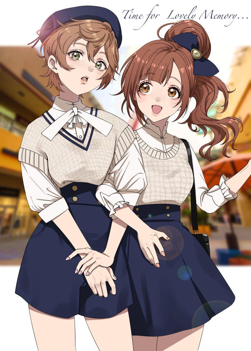 2girls :d bag bench black_bag black_headwear black_ribbon blue_shorts blue_skirt blue_sky blurry blurry_background blush bow bowtie breasts brown_eyes brown_hair building cloud cowboy_shot green_eyes hair_bow hair_ribbon hand_up hat hat_ribbon highres holding_another's_arm idolmaster idolmaster_cinderella_girls idolmaster_cinderella_girls_starlight_stage igarashi_kyoko lens_flare long_hair long_sleeves looking_at_another looking_at_viewer maou_(demonlord) medium_breasts multiple_girls open_mouth outdoors pink_nails plant potted_plant ribbon ribbon_trim road shirt shop short_hair shorts shoulder_bag side_ponytail skirt sky smile standing street teeth upper_teeth_only v_arms vest white_bow white_bowtie white_shirt white_vest yoshioka_saki