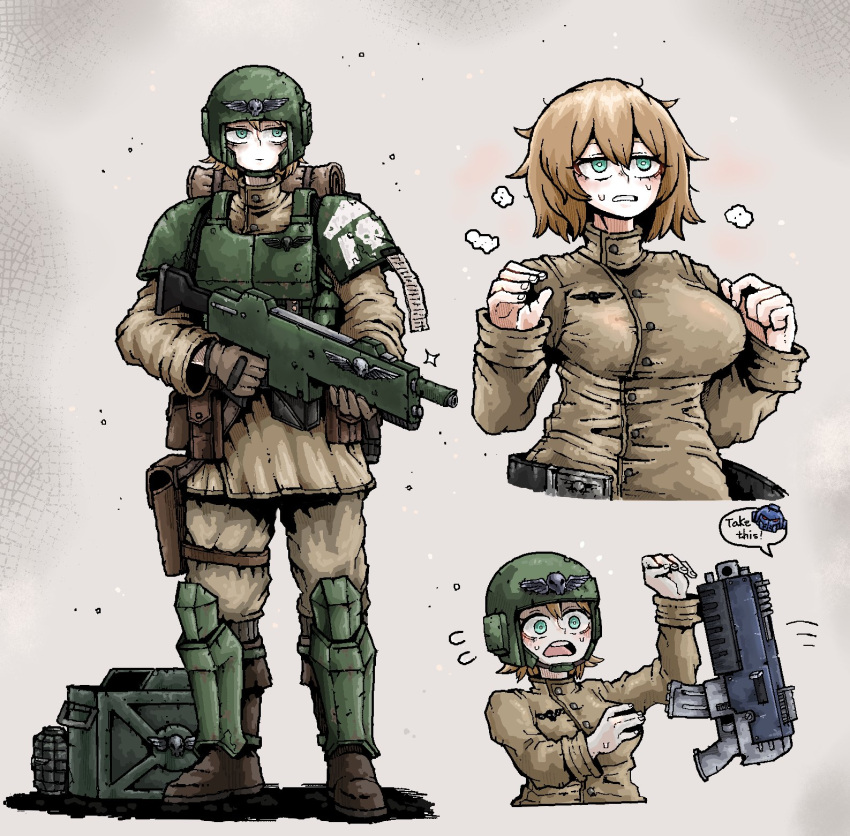 1boy 1girl adeptus_astartes ammunition_box ammunition_pouch astra_militarum belt blonde_hair bolter collar ekfh4rnrqkq explosive gloves green_eyes grenade helmet highres lasgun military_uniform pouch purity_seal shirt short_hair skull soldier solo sweat uniform warhammer_40k weapon