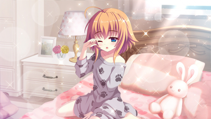1girl ahoge bare_legs barefoot bedroom between_legs blue_eyes chest_of_drawers collarbone dot_nose film_grain flower game_cg hand_between_legs heart heart_print indoors izumi_tsubasu lamp lens_flare looking_at_viewer non-web_source official_art on_bed one_eye_closed open_mouth orange_hair oversized_clothes oversized_shirt paw_print paw_print_pattern picture_(object) re:stage! red_flower red_rose rose rubbing_eyes shikimiya_mana shirt short_hair sidelocks single_off_shoulder sitting sleepy solo sparkle stuffed_animal stuffed_rabbit stuffed_toy sunlight wariza wooden_floor yellow_flower yellow_rose