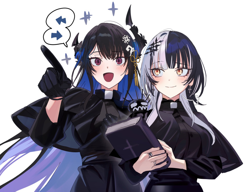 2girls absurdres alternate_costume arrow_(symbol) asymmetrical_horns black_capelet black_dress black_gloves black_hair black_horns black_nails blue_hair blush book capelet cassock clerical_collar closed_mouth colored_inner_hair commentary cross cross_earrings demon_horns dress earrings english_commentary fingerless_gloves flower_knot gloves grey_hair hair_ornament highres holding holding_book hololive hololive_english horn_flower horns jewelry long_hair long_sleeves looking_ahead looking_at_another looking_to_the_side mole mole_under_eye multicolored_hair multiple_girls multiple_rings nail_polish nerissa_ravencroft open_mouth parted_bangs pointing purple_eyes red_eyes ring shiori_novella sidelocks simple_background slit_pupils smile speech_bubble split-color_hair spoken_object streaked_hair tassel tassel_hair_ornament two-tone_hair uneven_horns upper_body very_long_hair virtual_youtuber white_background white_hair yellow_eyes yomosaka yorick_(shiori_novella)