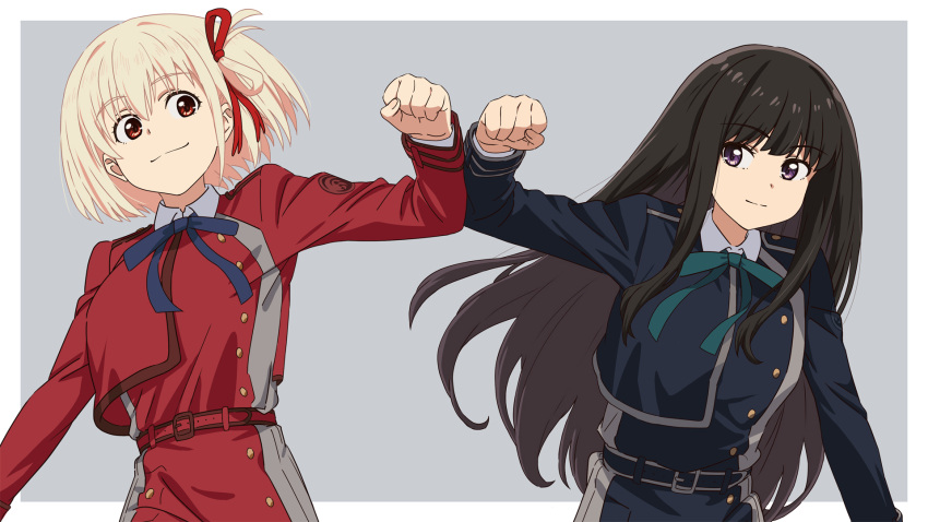 2girls asada7101 belt black_hair blonde_hair blue_belt blue_dress blue_ribbon bob_cut border closed_mouth collared_shirt commentary_request dress friends green_ribbon grey_background grey_dress hair_ribbon hand_up highres inoue_takina long_hair long_sleeves looking_at_another lycoris_recoil lycoris_uniform multiple_girls neck_ribbon nishikigi_chisato outside_border pleated_dress purple_eyes red_belt red_dress red_eyes red_ribbon ribbon shirt short_hair sideways_glance smile split_mouth two-tone_dress upper_body very_long_hair white_border white_shirt