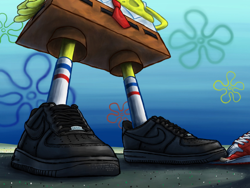 4_fingers anthro asphalt belt black_belt black_clothing black_footwear black_shoes bottomwear brown_bottomwear brown_clothing brown_pants carbide_(artist) clothed clothing drip_(meme) feet fingers footwear hi_res high_socks humanoid_hands humor low-angle_view male marine meme necktie nickelodeon nike pants red_necktie road sand sea_sponge shirt shoes sky socks solo spongebob_squarepants spongebob_squarepants_(character) standing stepping_on_foot toes topwear white_clothing white_footwear white_shirt white_socks white_topwear worm's-eye_view yellow_body yellow_skin