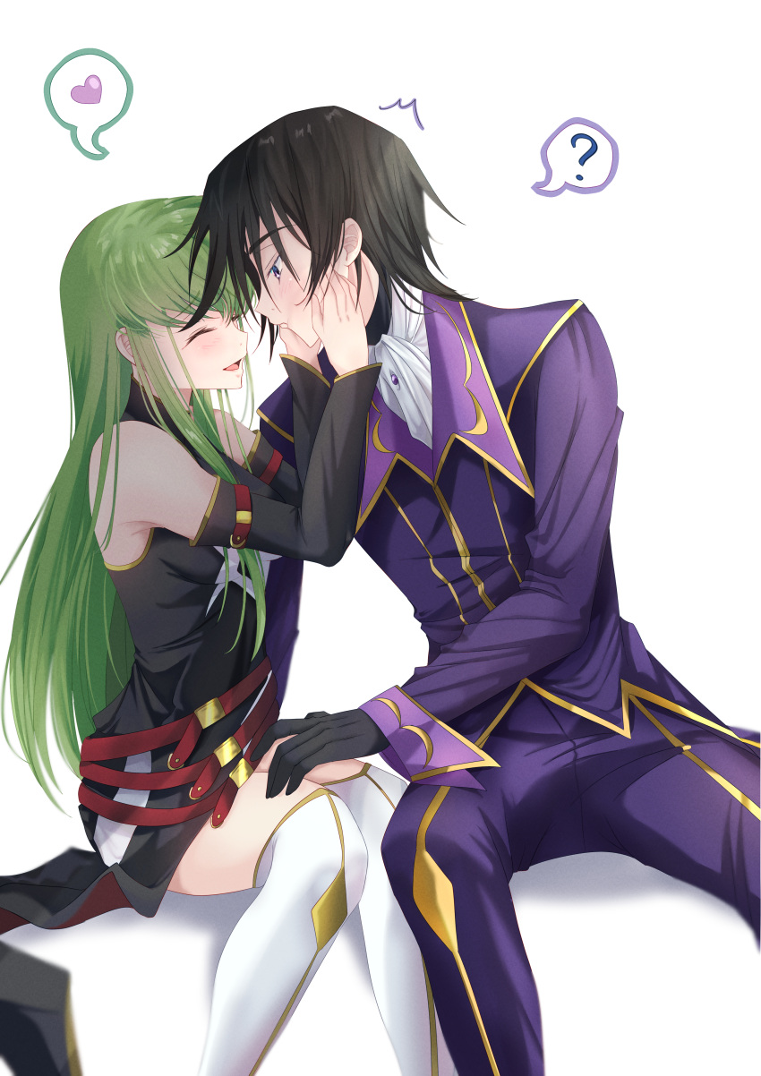 1boy 1girl ? ^_^ absurdres black_gloves black_hair blush budgiepon closed_eyes code_geass couple detached_sleeves face-to-face gloves gold_trim green_hair hand_on_another's_thigh heart hetero highres lelouch_vi_britannia long_hair looking_at_another pants purple_eyes purple_pants purple_shirt shirt short_hair sitting spoken_heart spoken_question_mark thighhighs white_thighhighs