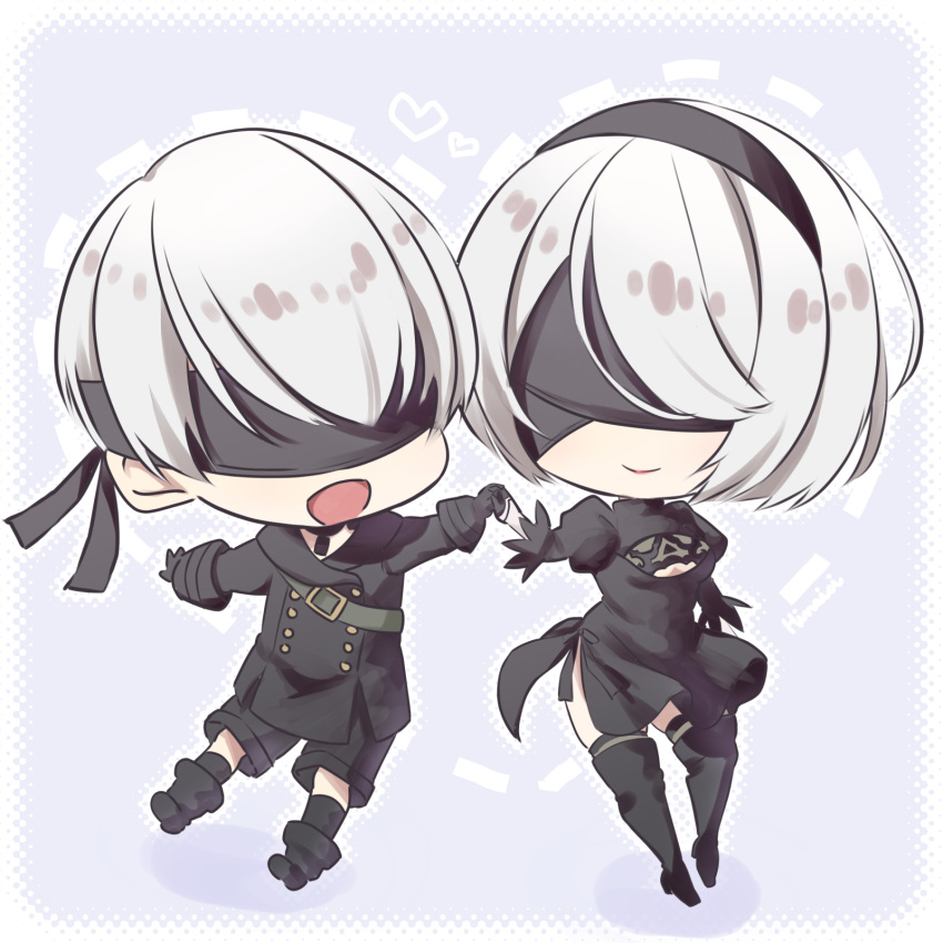 1boy 1girl 2b_(nier:automata) 9s_(nier:automata) black_blindfold black_coat black_dress blindfold chibi coat couple dress full_body hetero highres nakamura_hinaichi nier:automata nier_(series) open_mouth short_hair shorts smile white_hair