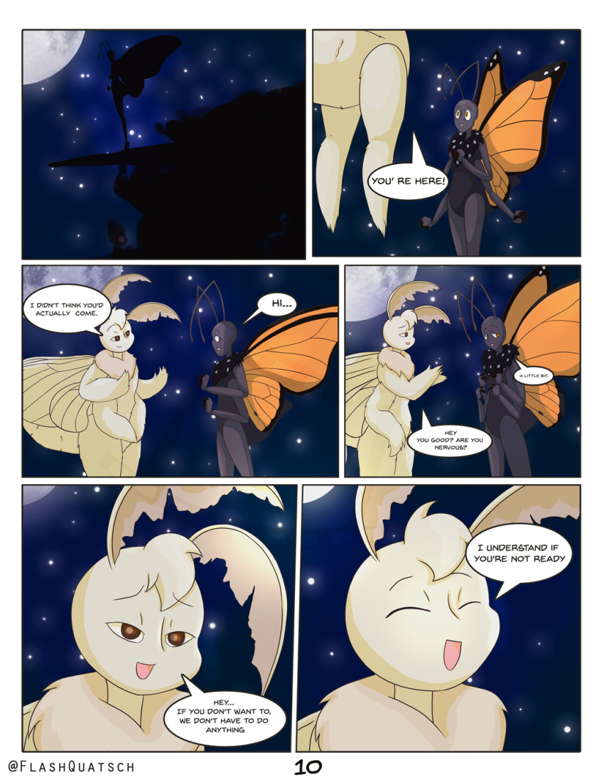 antennae_(anatomy) anthro arthropod butterfly comic dialogue duo flashquatsch hi_res insect insect_wings lepidopteran lepidopteran_wings male male/male monarch_butterfly moon moth multi_arm multi_limb orange_wings rey_(flashquatsch) silhouette sky speech_bubble star starry_sky text valentino_(flashquatsch) white_body white_wings wings