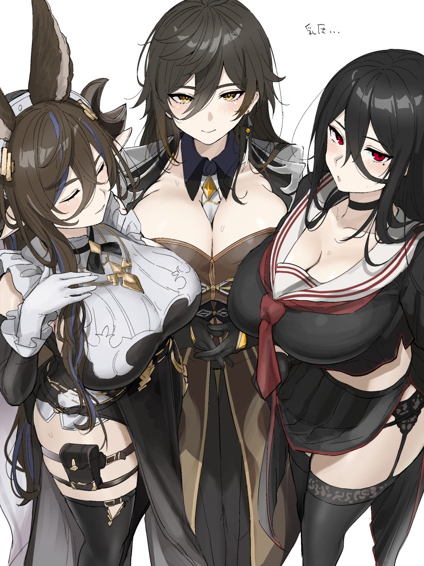 3girls absurdres animal_ears between_breasts black_gloves black_hair blue_archive blush breasts brown_hair check_translation choker cleavage closed_eyes commentary_request crossover earrings galleon_(granblue_fantasy) garter_straps genderswap genderswap_(mtf) genshin_impact gloves gradient_hair granblue_fantasy hair_between_eyes halo hasumi_(blue_archive) highres huge_breasts jewelry large_breasts long_hair long_sleeves looking_at_viewer mole mole_under_eye multicolored_hair multiple_crossover multiple_girls necktie necktie_between_breasts nipio ponytail red_eyes simple_background single_earring skirt smile sweat translation_request very_long_hair white_background wings yellow_eyes zhongli_(genshin_impact)