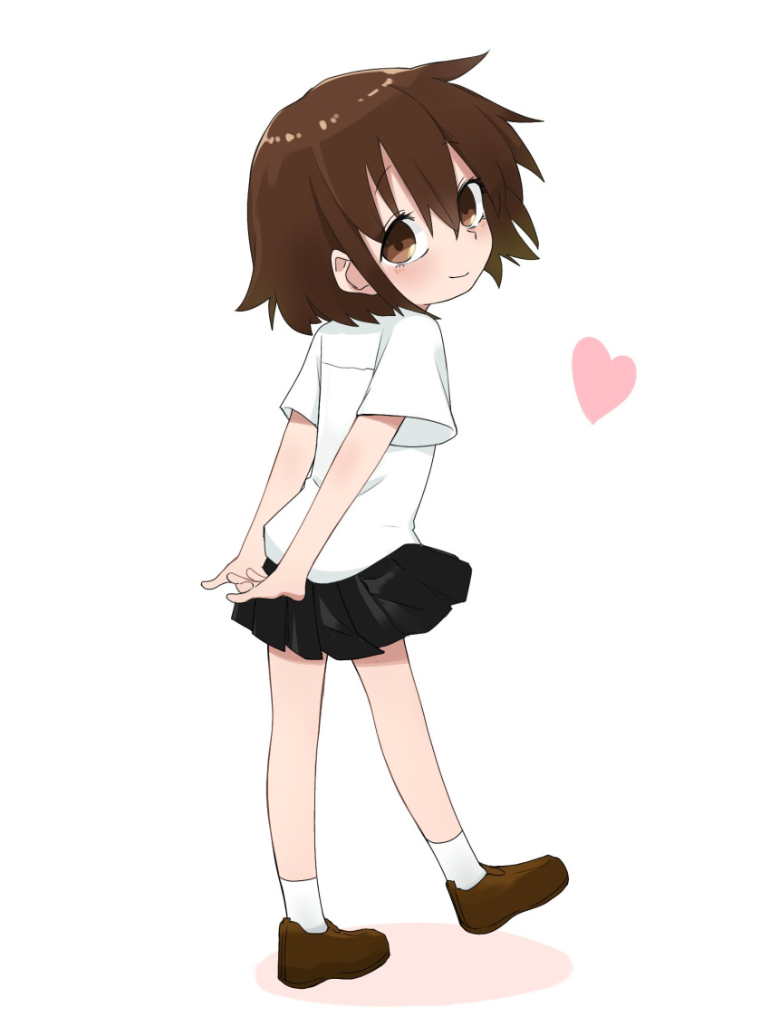 1girl blush brown_eyes brown_hair fusuma_(suwaru_boom) heart highres kill_me_baby looking_back oribe_yasuna school_uniform shirt short_hair short_sleeves skirt smile white_background