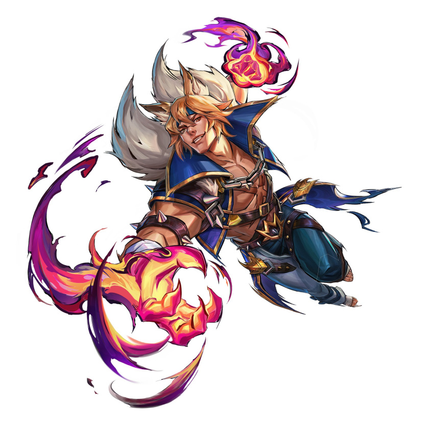 1boy abs animal_ears bandages bare_pectorals belt black_belt black_pants blonde_hair blue_headband blue_jacket brown_eyes cropped_jacket fang full_body fur-trimmed_jacket fur_trim glowing glowing_hand headband highres incoming_attack jacket league_of_legends male_focus multiple_belts muscular muscular_male official_alternate_costume official_art open_clothes open_jacket pants pectorals scar scar_on_chest scar_on_face scar_on_nose sett_(league_of_legends) short_hair simple_background smile solo soul_fighter_(league_of_legends) soul_fighter_sett transparent_background