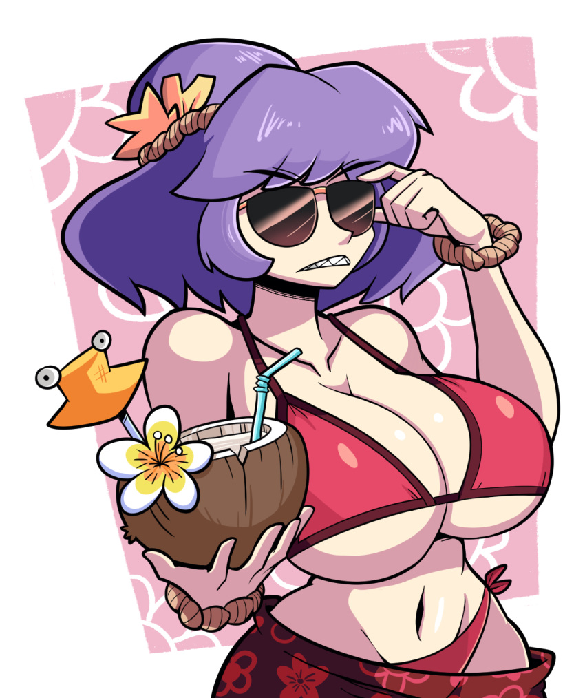 bare_shoulders bikini cocktail coconut coconut_cup collarbone cup drinking_straw floral_background floral_print flower hair_ornament hairband hand_on_own_face hands_up highres holding holding_cup kevin_arthur midriff navel open_mouth pink_background purple_hair pyonta red_bikini red_skirt sharp_teeth short_hair side-tie_bikini_bottom skirt stomach sunglasses swimsuit teeth touhou tropical_drink two-tone_background upper_body white_background wristband yasaka_kanako