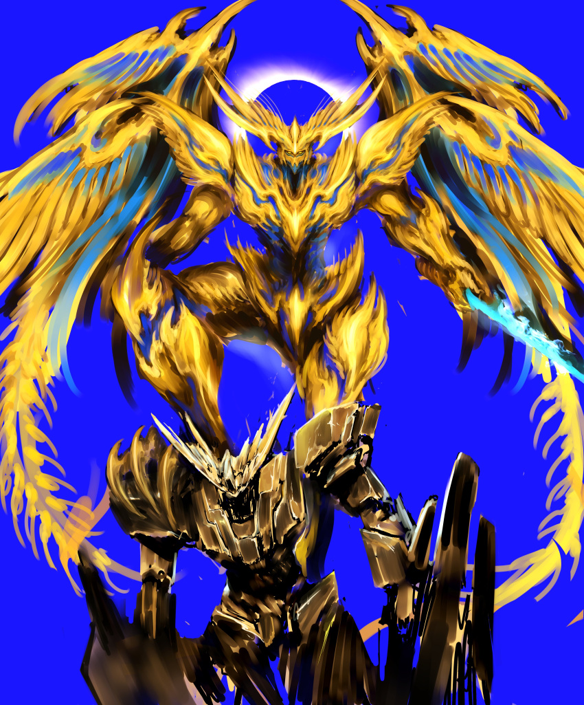 absurdres bird blue_background blue_fire destroyed eclipse feathered_wings feathers fiery_wings fire flame gundam gundam_narrative halo head_wings highres mecha monochrome_background multiple_wings phoenix robot sun unicorn_gundam_phenex wings witnesstheabsurd yellow_fire