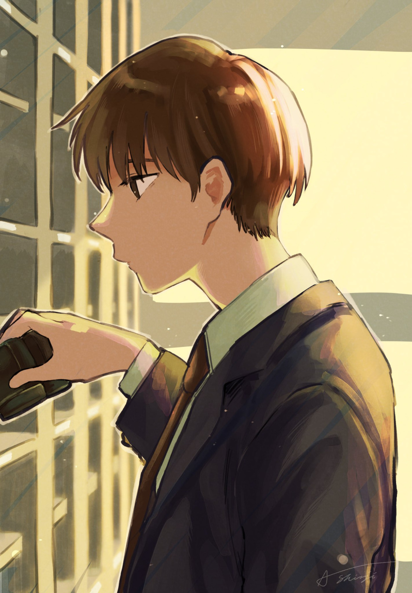 1boy amane_shinji black_jacket blazer brown_eyes brown_hair brown_necktie highres indoors jacket long_sleeves male_focus necktie original profile shoes short_hair solo uwabaki