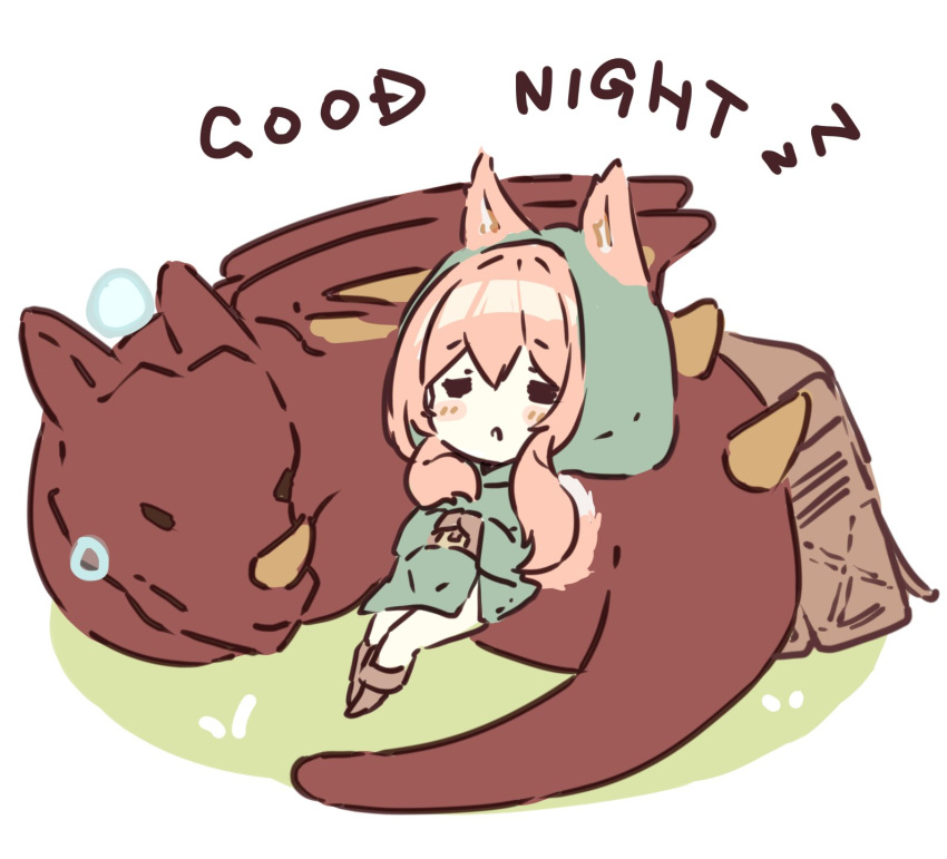 1girl =_= animal animal_ear_fluff animal_ears blush_stickers boots brown_footwear chibi closed_eyes commentary copyright_request dragon ears_through_headwear english_text green_tunic highres hood hood_down long_hair p19 pantyhose parted_lips pink_hair simple_background sleeping solo tail very_long_hair white_background white_pantyhose zzz
