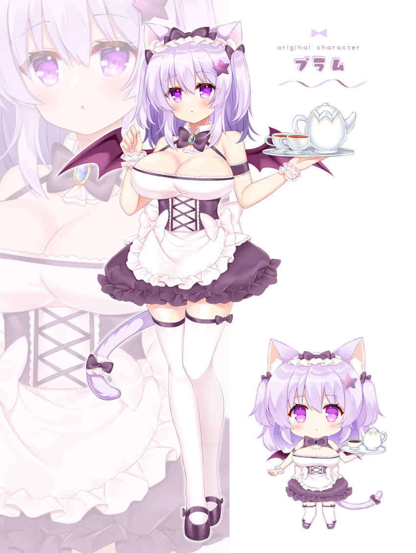 1girl :o absurdres animal_ears apron bare_shoulders black_bow black_footwear black_skirt blush bow breasts cat_ears cat_girl cat_tail chibi cleavage cup frilled_apron frilled_skirt frills hair_between_eyes hair_bow hair_ornament hands_up highres holding holding_tray large_breasts multiple_views original parted_lips purple_eyes purple_hair shikito shirt shoes skirt star_(symbol) star_hair_ornament tail tea teacup teapot thighhighs tray two_side_up waist_apron white_apron white_shirt white_thighhighs wrist_cuffs