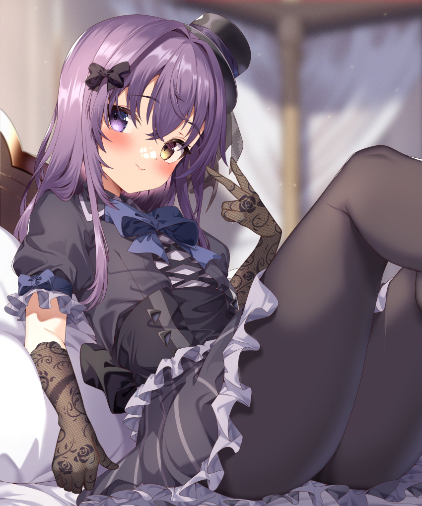 1girl absurdres black_dress black_headwear black_thighhighs blue_bow bow bowtie brown_eyes dress frills gloves hair_between_eyes heterochromia highres jun_(aousa0328) long_hair original purple_eyes purple_hair short_sleeves solo thighhighs