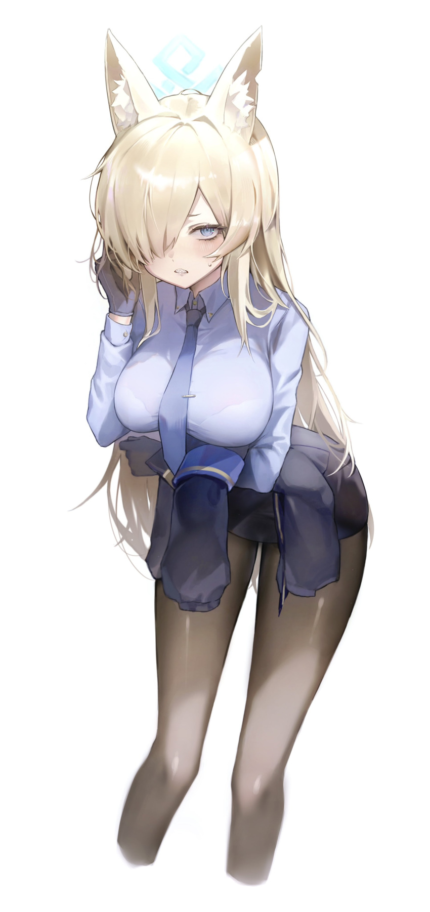 1girl absurdres animal_ear_fluff animal_ears blonde_hair blue_archive blue_eyes blue_shirt blush breasts collared_shirt gloves hair_over_one_eye halo highres hisiya_(wldn1112) jacket kanna_(blue_archive) large_breasts long_hair long_sleeves looking_at_viewer necktie pantyhose sharp_teeth shirt skirt solo teeth white_background