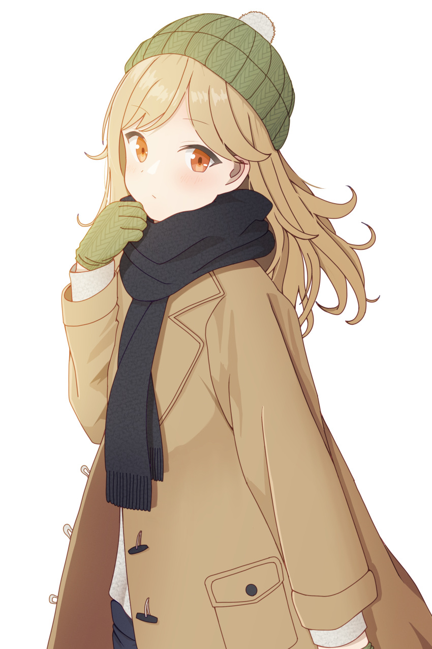 1girl absurdres beanie black_pants black_scarf blonde_hair blush brown_coat closed_mouth coat from_side gilijim girls'_frontline gloves green_gloves green_headwear hand_up hat highres long_hair long_sleeves looking_at_viewer m2hb_(girls'_frontline) open_clothes open_coat orange_eyes pants pom_pom_(clothes) scarf shirt simple_background solo upper_body white_background white_shirt