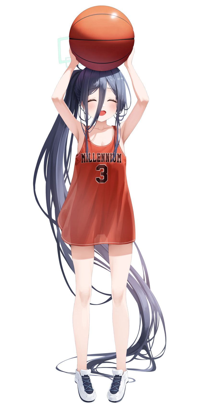 1girl absurdly_long_hair absurdres alternate_costume alternate_hairstyle aris_(blue_archive) armpits basketball basketball_uniform black_hair blue_archive closed_eyes collarbone halo highres ju-ok long_hair open_mouth ponytail see-through_silhouette simple_background smile solo sportswear thighs very_long_hair white_background