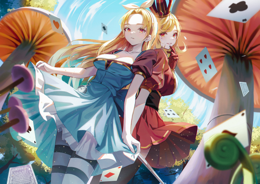 2girls absurdres black_thighhighs blonde_hair blue_dress blush card clothes_lift collarbone crown dress dress_lift falling_card forehead frilled_dress frills giant_mushroom gloves hair_ribbon highres hyonee long_hair looking_at_viewer mole mole_under_eye multiple_girls original outdoors pantyhose parted_lips playing_card pocket_watch puffy_short_sleeves puffy_sleeves red_dress red_eyes red_gloves ribbon short_sleeves standing striped striped_pantyhose thighhighs watch white_ribbon