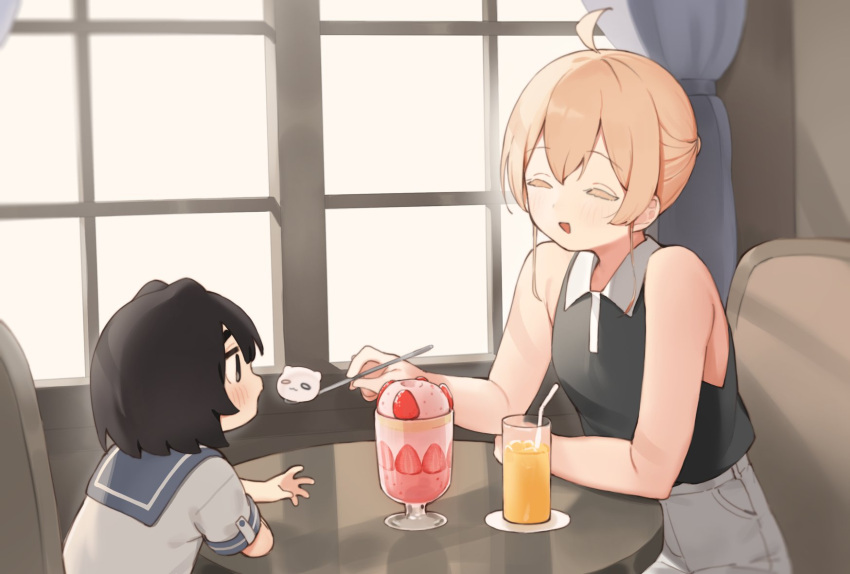 2girls :d ahoge bare_arms bare_shoulders bendy_straw black_hair black_shirt blonde_hair blue_sailor_collar blush chair closed_eyes collared_shirt colored_eyelashes commentary_request cup curtains drinking_glass drinking_straw eyebrows_hidden_by_hair feeding food fruit hair_between_eyes highres holding holding_spoon indoors multiple_girls on_chair original pants profile sailor_collar seramikku shirt short_eyebrows short_sleeves sidelocks sitting sleeveless sleeveless_shirt smile spoon strawberry table thick_eyebrows white_pants white_shirt window