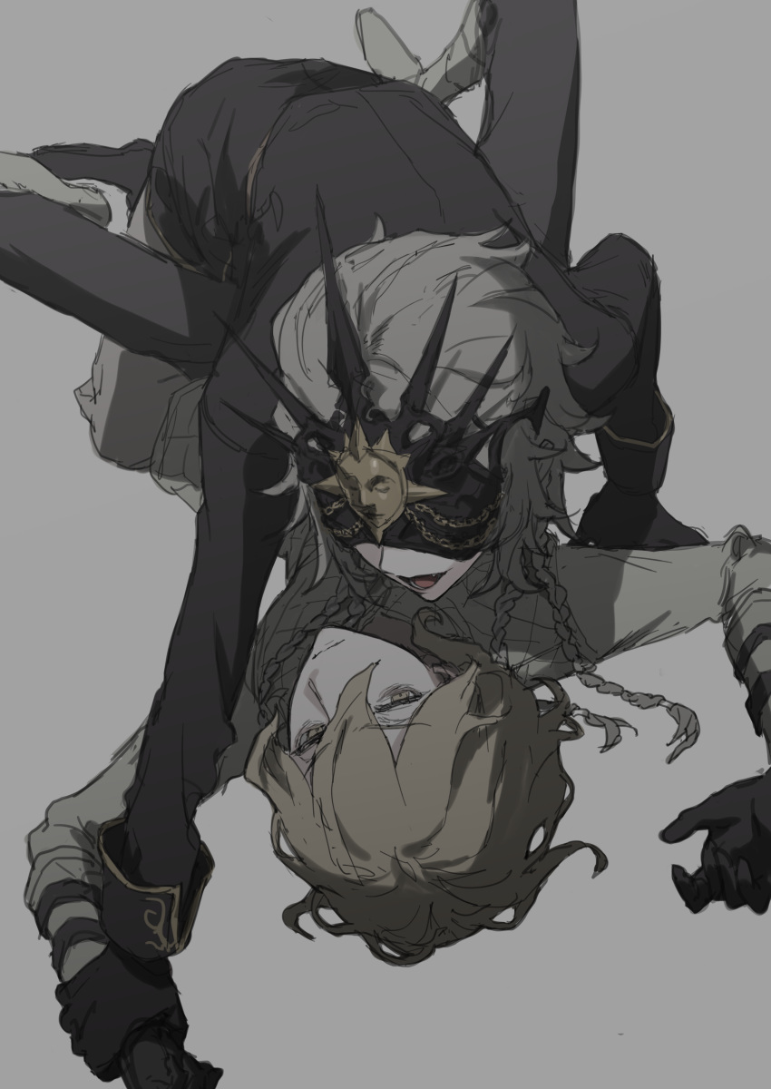 2boys absurdres between_legs black_pants braid grey_background grey_hair hair_between_eyes hair_slicked_back highres holding_another's_wrist identity_v ithaqua_(identity_v) ithaqua_(morningstar)_(identity_v) jiz_(pffbq) looking_at_another looking_to_the_side lying male_focus medium_hair multiple_boys multiple_braids on_back open_mouth pants shadow short_hair smile