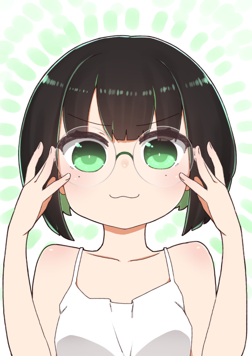 1girl :3 allmind_(armored_core_6) armored_core armored_core_6 bare_arms bare_shoulders black_hair blush camisole closed_mouth collarbone glasses green_eyes green_hair hands_up highres i.u.y looking_at_viewer mole mole_under_eye multicolored_hair round_eyewear smile solo two-tone_hair upper_body white_camisole