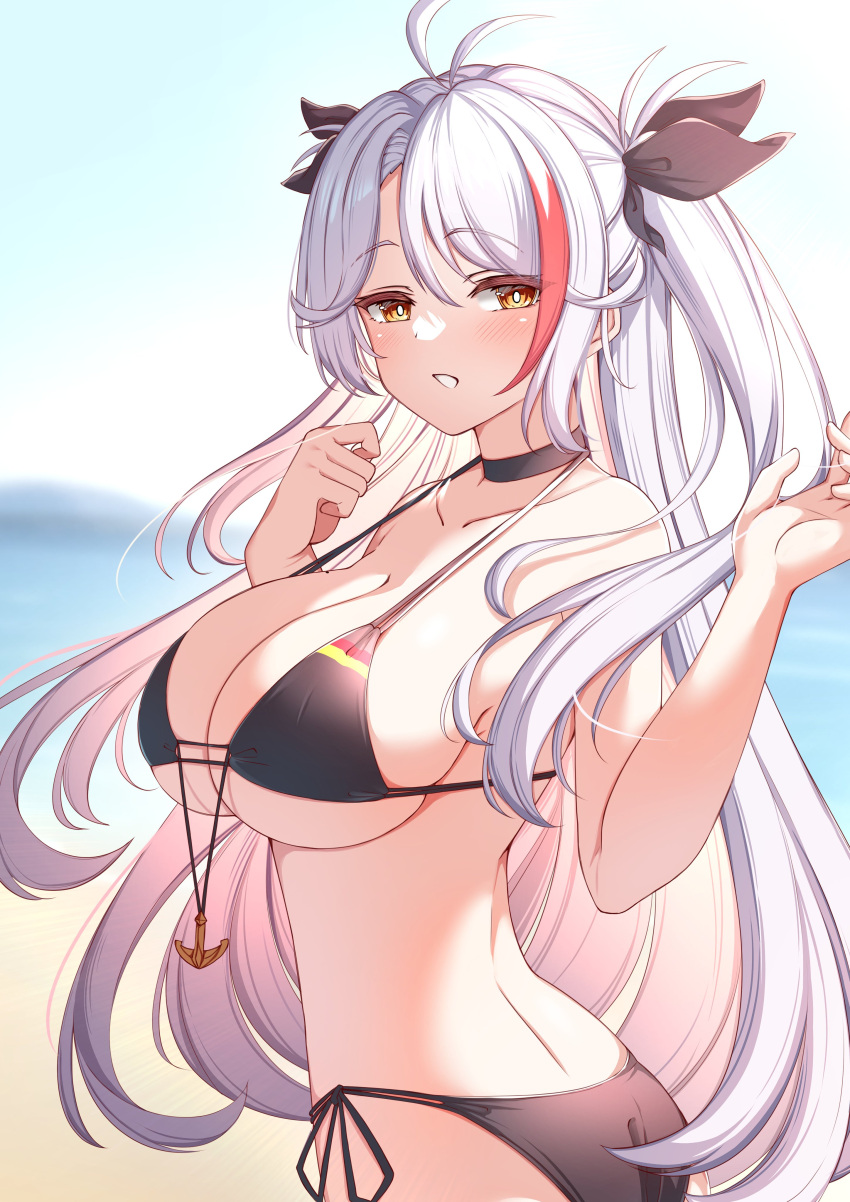 1girl absurdres antenna_hair azur_lane bare_arms bare_shoulders beach bikini black_bikini black_choker black_ribbon blue_sky blurry blurry_background breasts choker collarbone commentary_request day depth_of_field grey_hair hair_between_eyes hair_ribbon highres large_breasts long_hair looking_at_viewer looking_to_the_side moyoron multicolored_hair ocean orange_eyes outdoors parted_bangs prinz_eugen_(azur_lane) prinz_eugen_(unfading_smile)_(azur_lane) red_hair ribbon side-tie_bikini_bottom sky solo streaked_hair swimsuit twisted_torso two_side_up very_long_hair water