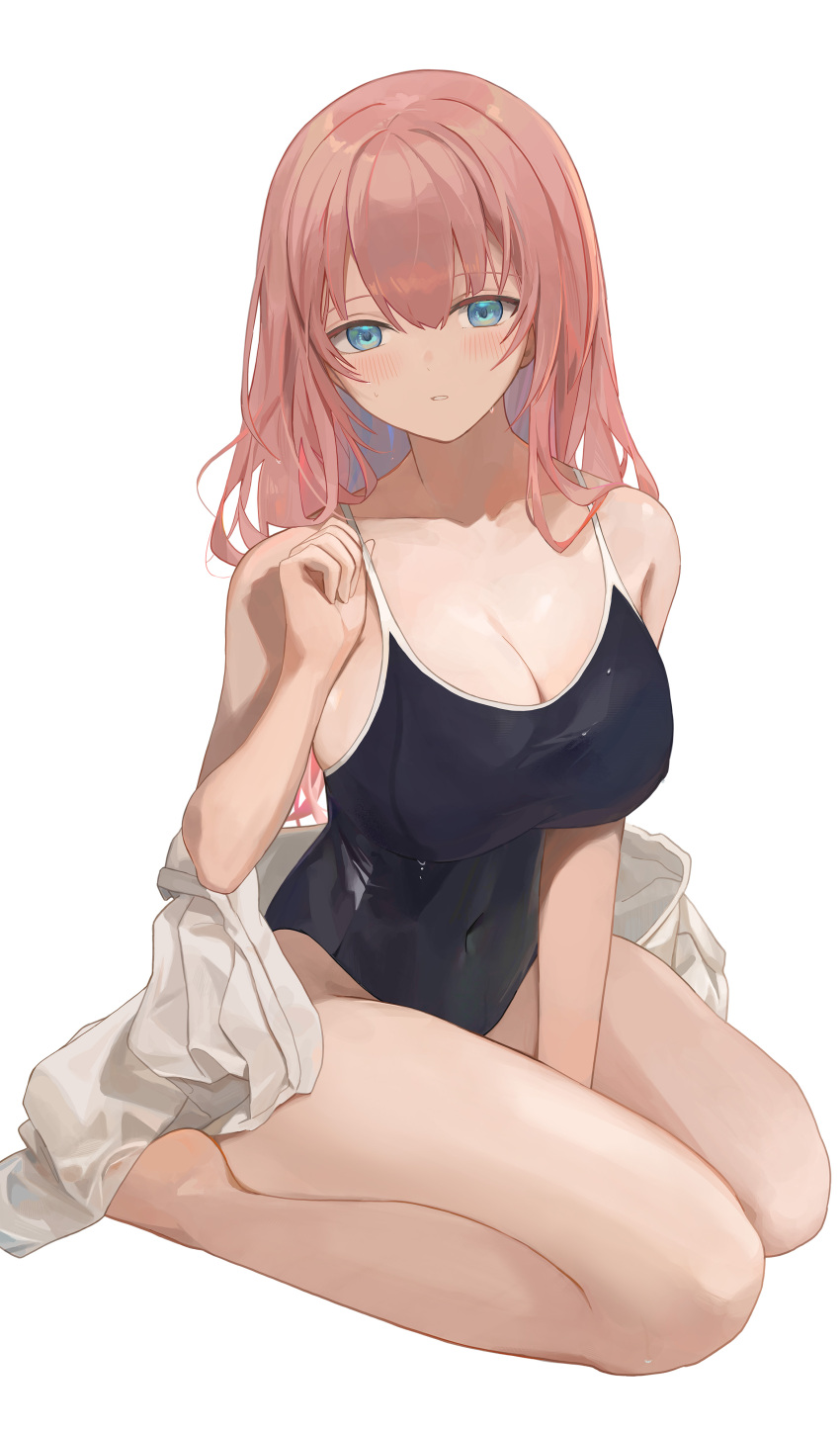 1girl absurdres arm_between_legs bare_legs blush breasts cleavage collarbone commentary covered_navel highres indoors kneeling large_breasts locker locker_room long_hair looking_at_viewer one-piece_swimsuit original pink_hair school_uniform shirt solo straight_hair swimsuit tomura2maru very_long_hair water_drop white_background white_shirt