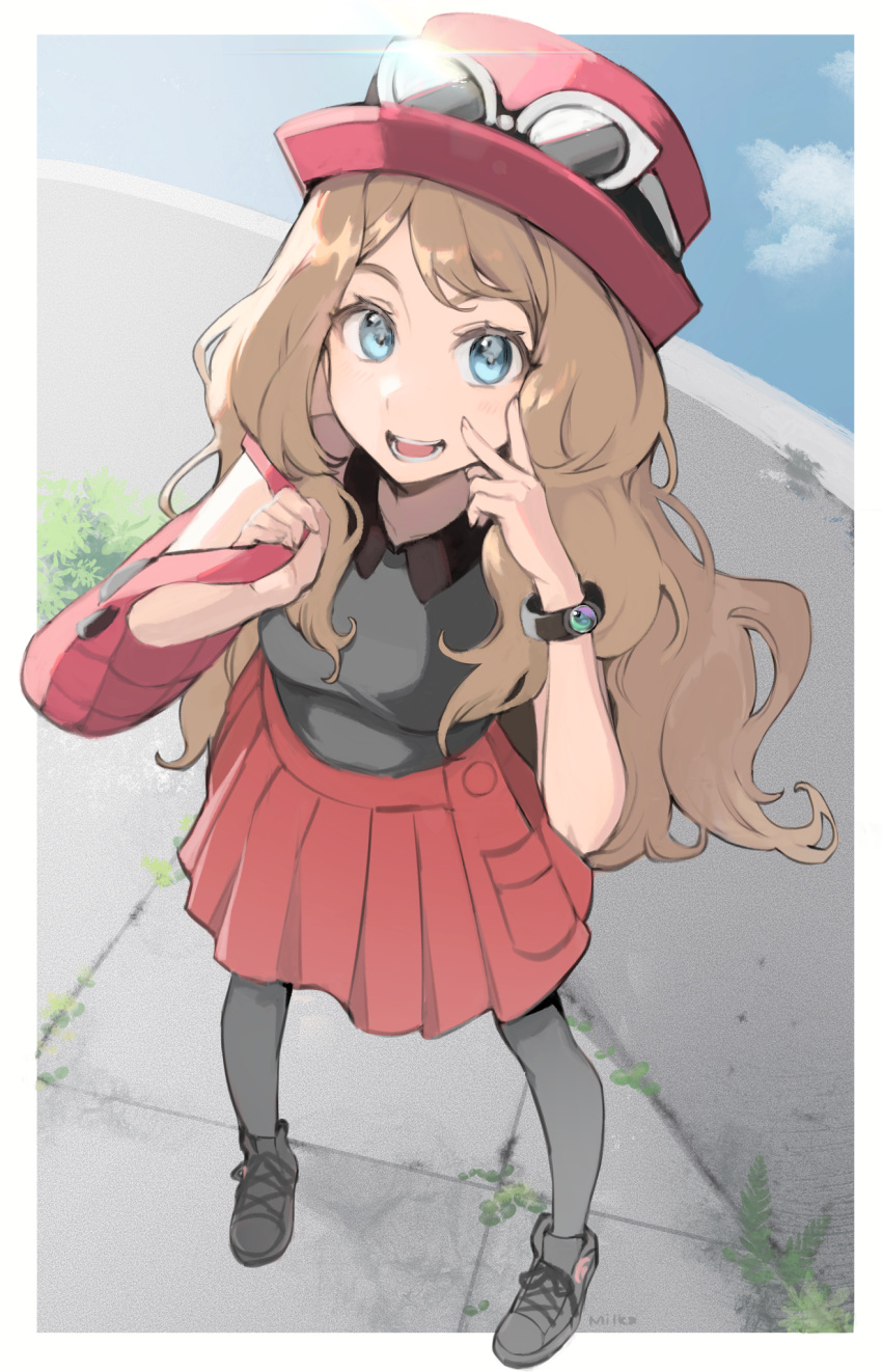 1girl artist_name bag bare_shoulders black_footwear black_pantyhose black_shirt blonde_hair blue_eyes eyewear_on_headwear hat highres holding holding_bag long_hair looking_at_viewer mega_ring milka_(milk4ppl) pantyhose pokemon pokemon_(game) pokemon_xy red_bag red_headwear red_skirt serena_(pokemon) shirt shoes skirt sleeveless sleeveless_shirt smile sneakers solo teeth v very_long_hair