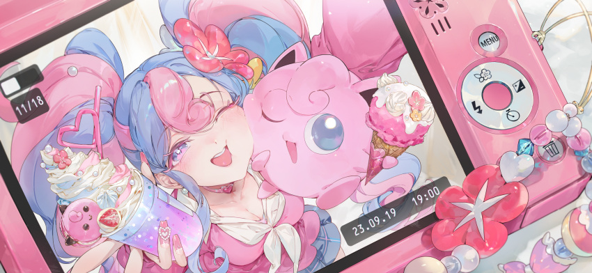 1girl absurdres aqua_eyes blue_hair breasts chap_sal_! cleavage collarbone commentary fairy_miku_(project_voltage) fingernails hatsune_miku highres ice_cream_cone jigglypuff large_breasts long_hair multicolored_hair nail_polish one_eye_closed pink_eyes pink_hair pink_nails pokemon project_voltage selfie two-tone_hair vocaloid