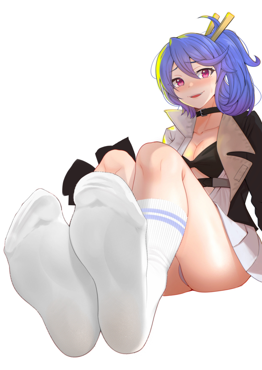1girl :d absurdres bare_legs barefoot black_bra black_choker black_jacket blue_hair blush bra breasts choker cleavage commission feet foot_focus full_body ghhoward girls'_frontline highres jacket k11_(girls'_frontline) looking_at_viewer no_shoes open_clothes open_jacket open_mouth panties pixiv_commission pleated_skirt purple_eyes simple_background skirt smile socks soles solo sweat teeth underwear upper_teeth_only white_background white_panties white_skirt white_socks