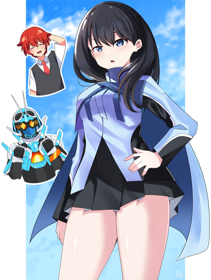 1girl absurdres black_hair blue_armor blue_eyes blush body_armor breasts couple gridman_universe hetero hibiki_yuuta highres kamen_rider kamen_rider_gotchard kamen_rider_gotchard_(series) long_hair looking_at_viewer necktie open_mouth red_hair reiei_8 school_uniform shirt short_hair short_sleeves skirt smile ssss.gridman takarada_rikka thighs tokusatsu white_shirt