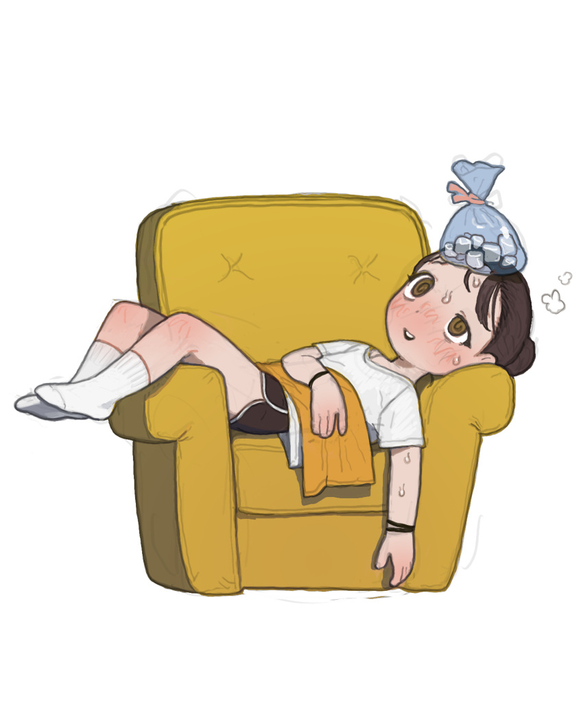 1girl blush brown_eyes brown_hair child couch fever full_body highres ice lying open_mouth opossumachine original shirt simple_background socks white_background white_shirt white_socks wristband