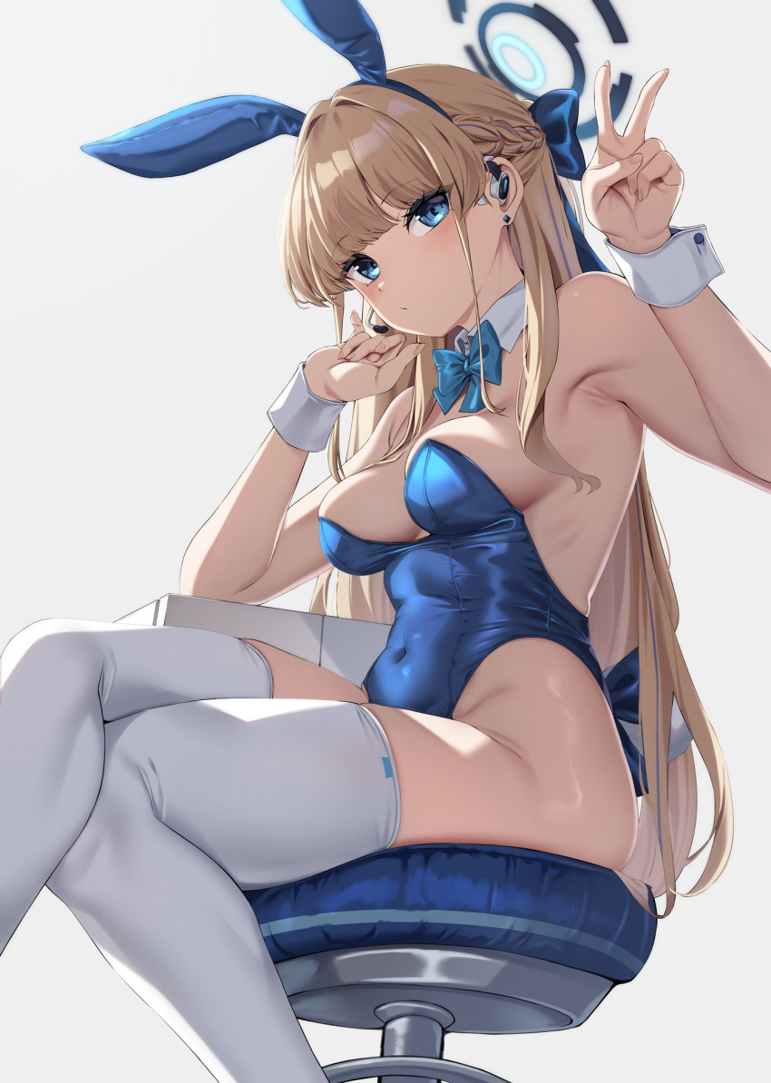 1girl animal_ears bare_shoulders blonde_hair blue_archive blue_bow blue_bowtie blue_eyes blue_leotard bow bowtie braid breasts crossed_legs detached_collar fake_animal_ears halo highres leotard long_hair looking_at_viewer medium_breasts moisture_(chichi) multicolored_hair official_alternate_costume playboy_bunny rabbit_ears sitting solo strapless strapless_leotard streaked_hair thighhighs toki_(blue_archive) toki_(bunny)_(blue_archive) v very_long_hair white_thighhighs wrist_cuffs