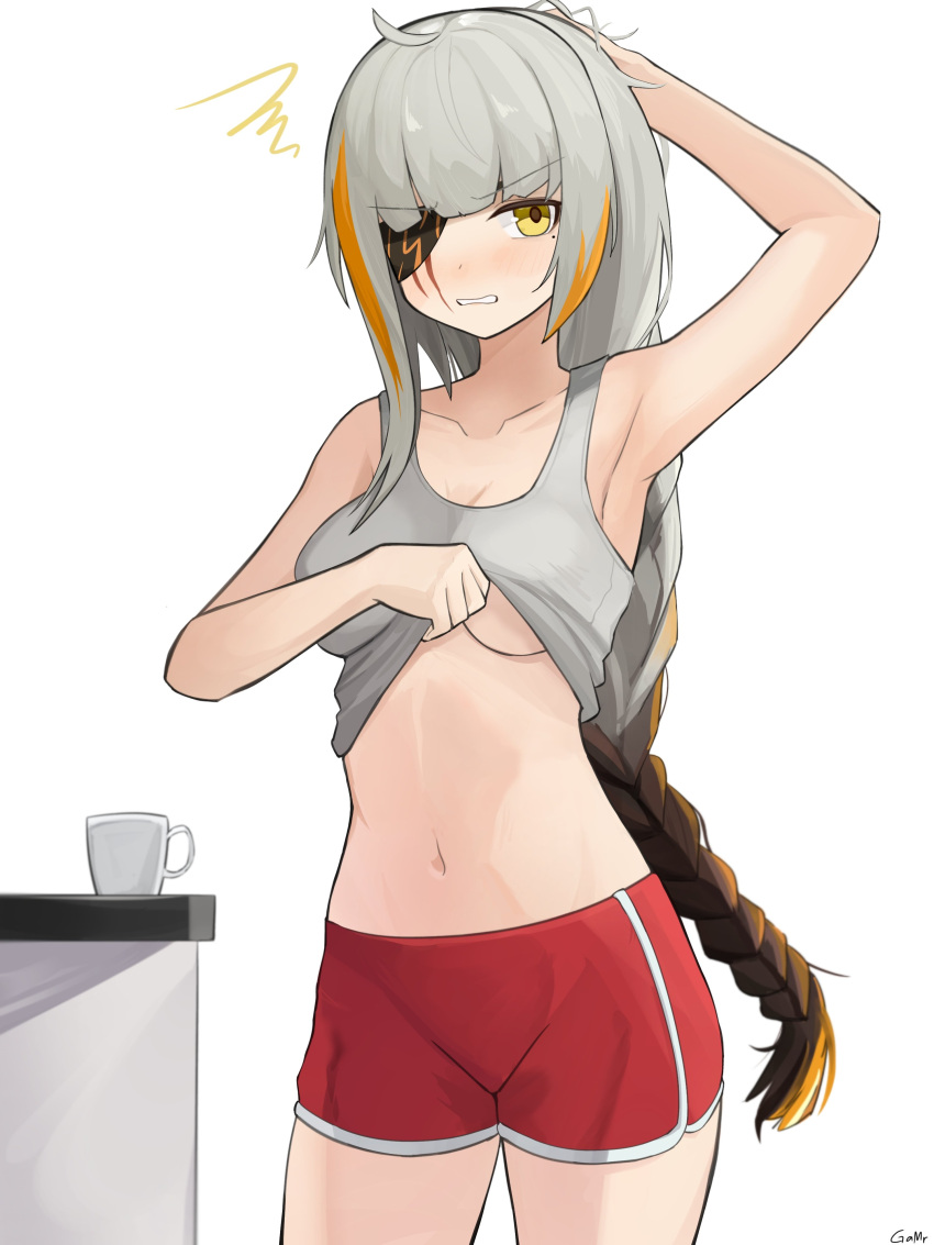 1girl absurdres braid breasts brown_hair cup eyepatch gamryous girls'_frontline highres m16a1_(boss)_(girls'_frontline) m16a1_(girls'_frontline) mole mug multicolored_hair orange_hair scar scar_across_eye scar_on_face shirt shorts streaked_hair table tagme underboob white_hair white_shirt yellow_eyes