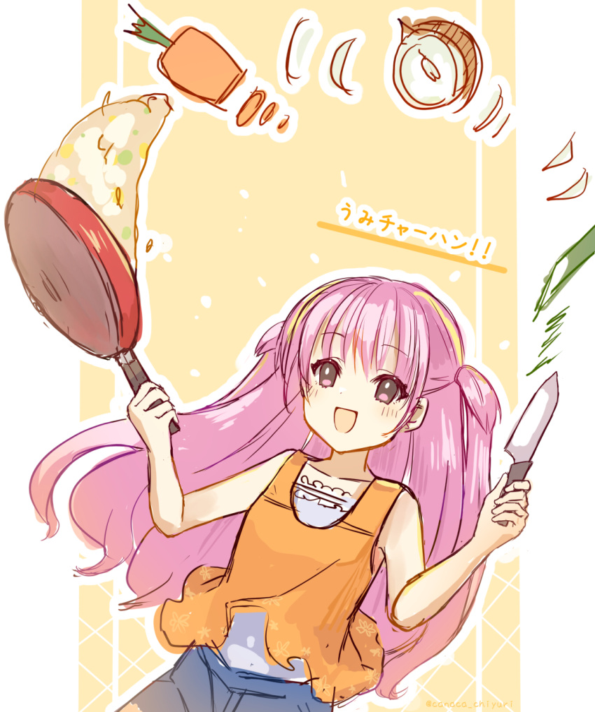 1girl :d blue_shorts blush border canaca_chiyuri carrot commentary cooking eyes_visible_through_hair floating_clothes floating_hair food fried_rice frying_pan grey_eyes hair_between_eyes hands_up highres holding holding_frying_pan holding_knife katou_umi knife long_hair looking_up onion open_mouth orange_shirt purple_hair shirt shorts simple_background sketch sleeveless sleeveless_shirt smile solo summer_pockets translated two_side_up upper_body very_long_hair w_arms white_border yellow_background