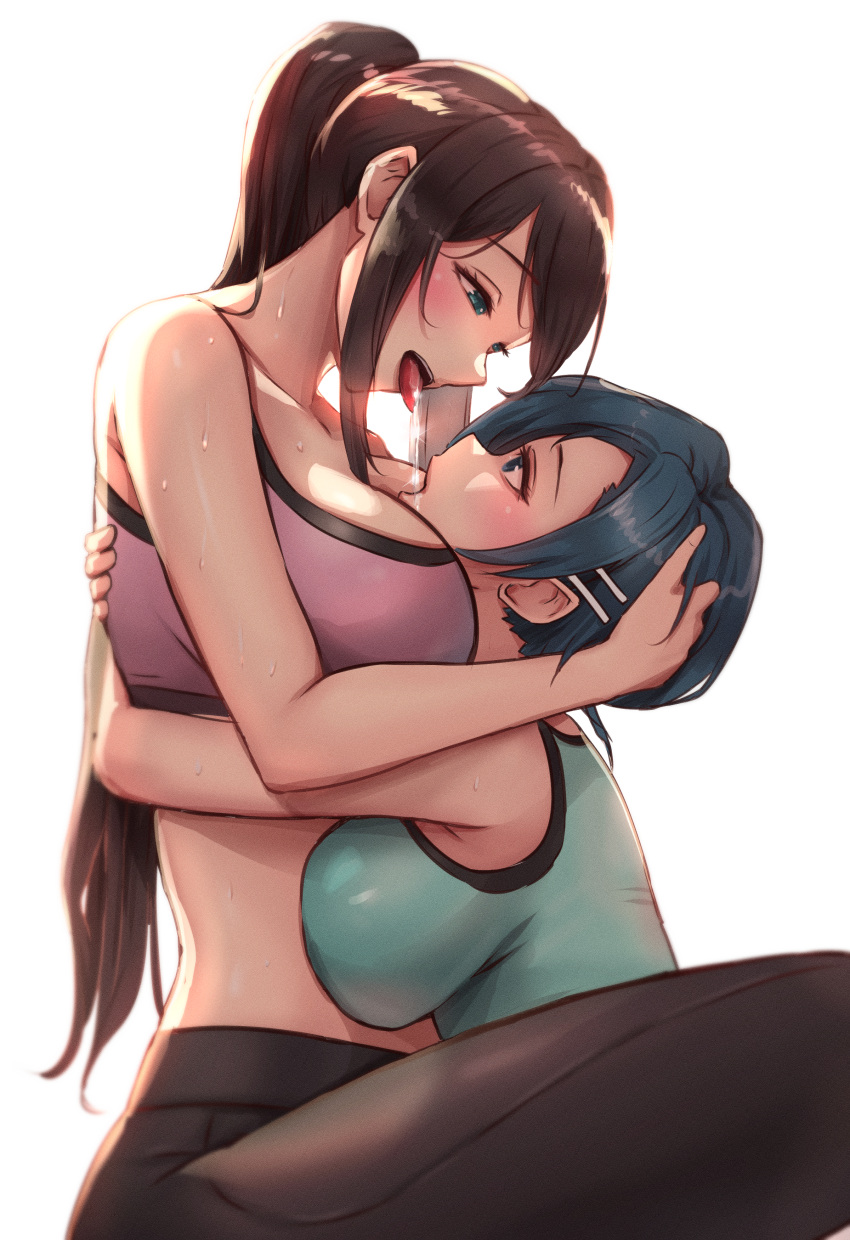 2girls absurdres arms_around_back bare_shoulders between_breasts black_pants blue_eyes blue_hair blush breasts brown_hair cheonju collarbone commentary_request commission eye_contact hair_ornament hairpin hand_on_another's_head head_between_breasts highres hug korean_commentary large_breasts long_hair looking_at_another multiple_girls open_mouth original pants ponytail saliva saliva_drip saliva_swap short_hair sidelocks simple_background smile sports_bra sweat teeth tongue tongue_out upper_teeth_only white_background yuri