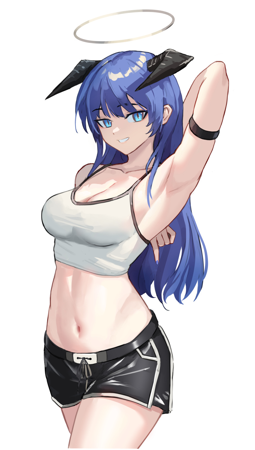 1girl absurdres arknights arm_behind_back arm_strap armpits arms_behind_back black_shorts blue_eyes blue_hair breasts cleavage commission cowboy_shot crop_top demon_horns highres horns large_breasts long_hair looking_at_viewer mostima_(arknights) no_wings second-party_source short_shorts shortofsugar shorts smile solo tank_top thighs white_tank_top