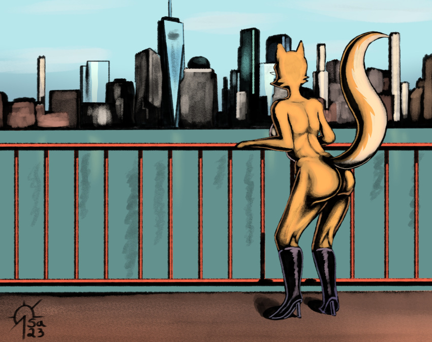 absurd_res anthro breasts butt canid canine city cityscape eyewear female fox glasses hi_res lt._fox_vixen mammal nude railing rear_view sacrificabominat sea sek_studio sky solo squirrel_and_hedgehog water