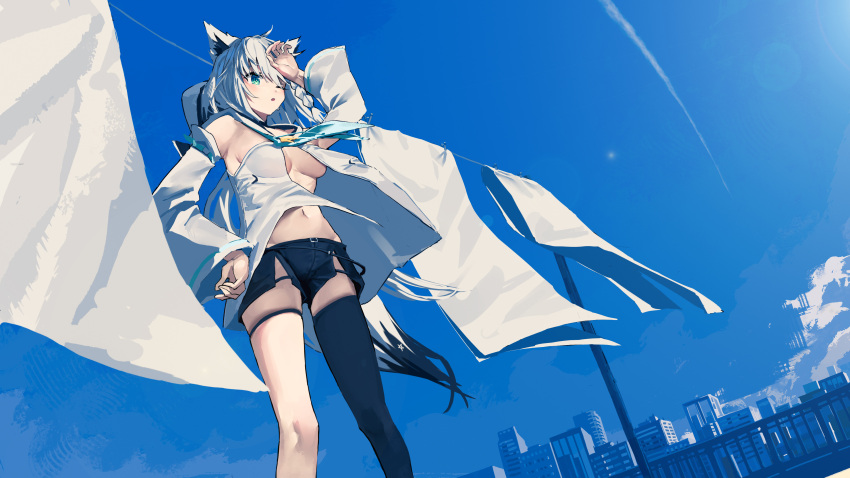 1girl absurdres ahoge animal_ear_fluff animal_ears aqua_eyes black_shorts black_thighhighs blue_neckerchief blue_sky braid breasts cityscape clear_sky clothes_pin clothesline commentary contrail day detached_sleeves drying dutch_angle feet_out_of_frame fox_ears fox_girl fox_tail hair_between_eyes hand_on_own_head hand_on_own_hip hand_up highres hololive laundry long_hair long_sleeves looking_to_the_side medium_breasts neckerchief one_eye_closed outdoors parted_lips pentagram shirakami_fubuki shirakami_fubuki_(1st_costume) short_shorts shorts side_braid sidelocks single_thighhigh sky solo standing susukawa_(susucawa) symbol-only_commentary tail thigh_strap thighhighs virtual_youtuber white_hair white_sleeves wide_sleeves