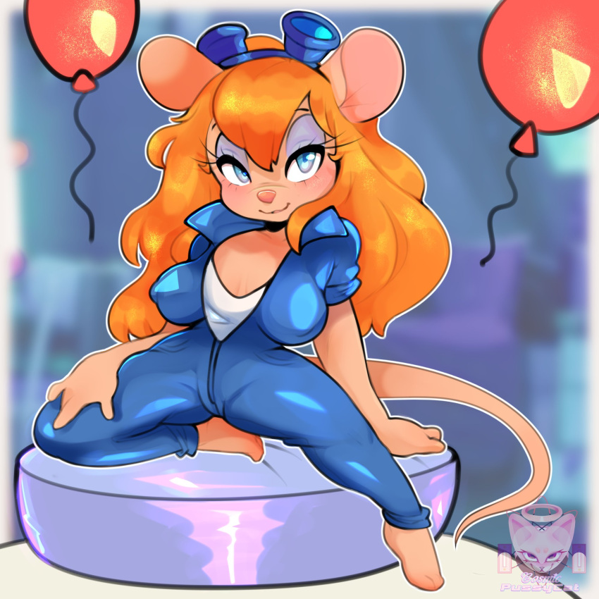 1:1 3_toes 4_fingers anthro artist_logo artist_name barefoot big_breasts blue_eyes blue_eyeshadow blue_jumpsuit blurred_background breasts chip_'n_dale_rescue_rangers clothed clothing cosmicpussycat digital_media_(artwork) disney eyelashes eyeshadow eyewear eyewear_on_head feet female fingers fur gadget_hackwrench goggles goggles_on_head hair hand_on_leg hand_on_thigh hi_res jumpsuit logo long_hair looking_at_viewer makeup mammal mouse murid murine nipple_outline orange_hair red_balloon rodent sitting smile smiling_at_viewer solo tail toes topwear watermark white_undershirt