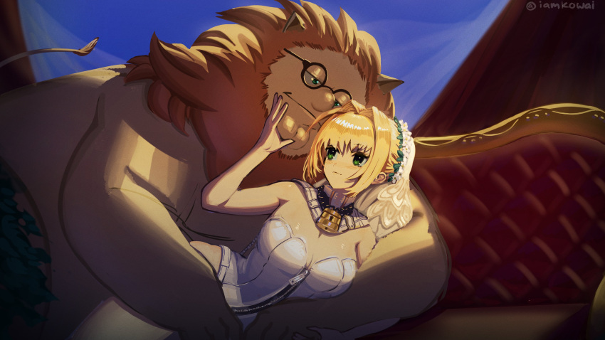 absurdres animal artoria_pendragon_(fate) blonde_hair breasts cleavage closed_mouth couch family_guy fate/grand_order fate_(series) glasses green_eyes highres indoors kowai_(iamkowai) large_breasts leotard lion peter_griffin round_eyewear saber short_hair twitter_username white_leotard zipper zipper_pull_tab