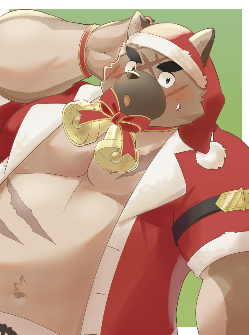 2023 absurd_res amidasuke anthro black_nose blush brown_body canid canine canis christmas christmas_clothing christmas_headwear clothed clothing domestic_dog hat headgear headwear hi_res holidays humanoid_hands kemono lifewonders male mammal overweight overweight_male santa_hat scar simple_background solo tokyo_afterschool_summoners yasuyori