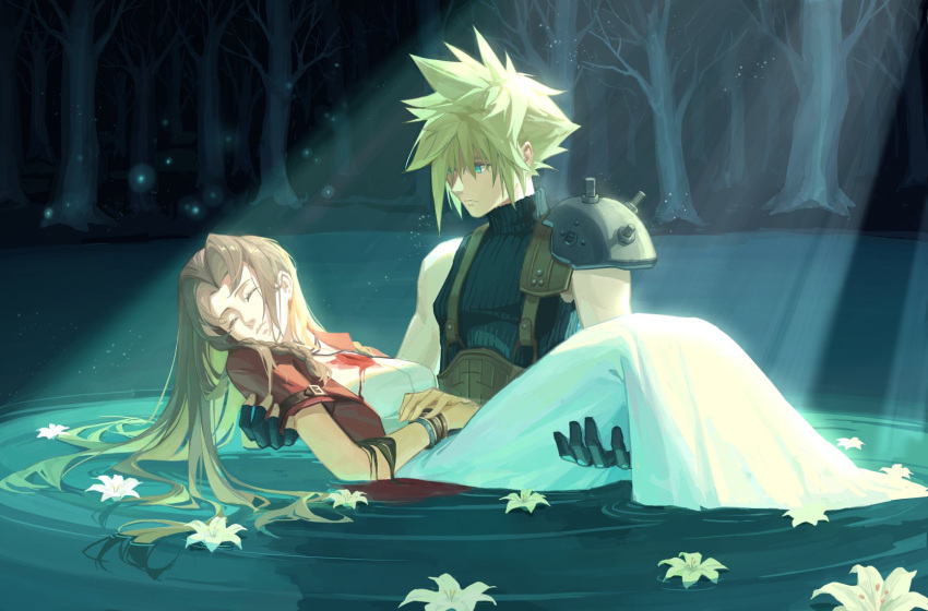 1boy 1girl aerith_gainsborough aqua_eyes armor bangle belt black_gloves blonde_hair blood blood_in_water blood_on_chest blood_on_clothes blue_shirt bracelet breasts brown_belt brown_hair carrying choker closed_eyes cloud_strife cropped_jacket death deep_wound dododo dress final_fantasy final_fantasy_vii final_fantasy_vii_remake flower forest gloves hair_between_eyes hair_down highres injury jacket jewelry lake lily_(flower) long_dress long_hair looking_at_another medium_breasts nature outdoors own_hands_together parted_bangs partially_submerged princess_carry red_jacket ribbon_choker ripples shirt short_hair short_sleeves shoulder_armor shoulder_spikes sidelocks single_bare_shoulder sleeveless sleeveless_turtleneck spiked_hair spikes suspenders toned toned_male tree turtleneck upper_body white_dress yellow_flower